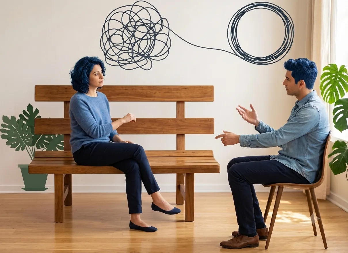 Therapist and client in an open conversation on a bench