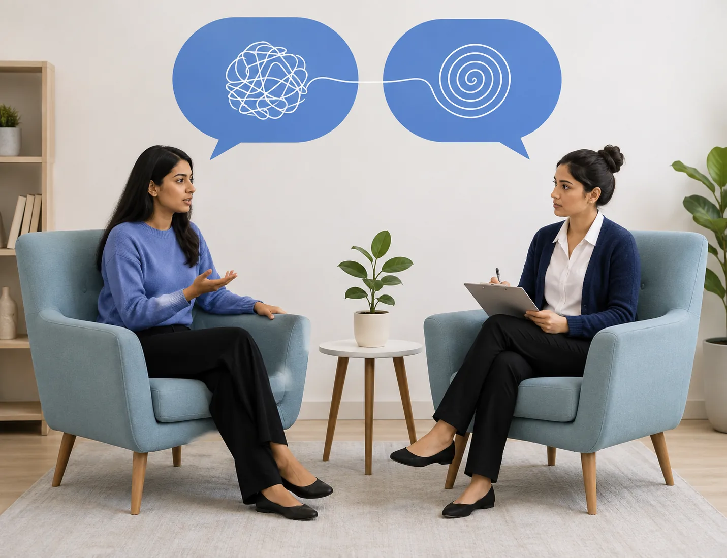 A therapist helping a client reframe a tangled thought into a calm spiral