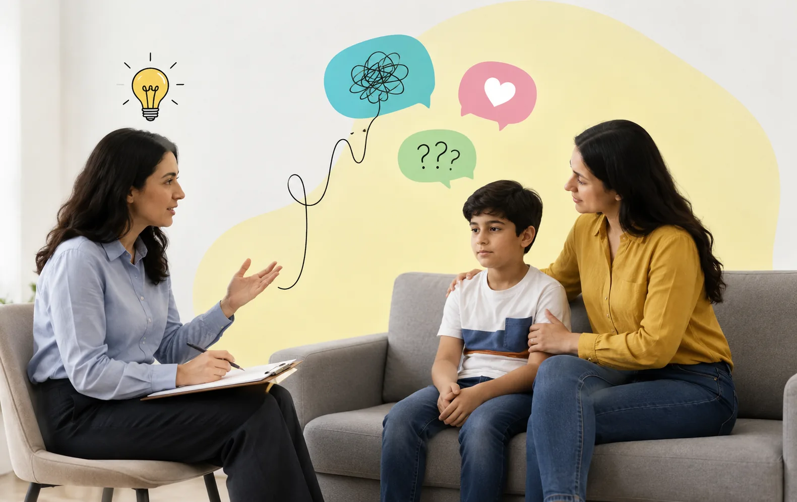 A counsellor speaking with a mother and her young son, with speech bubbles showing tangled thoughts becoming clearer