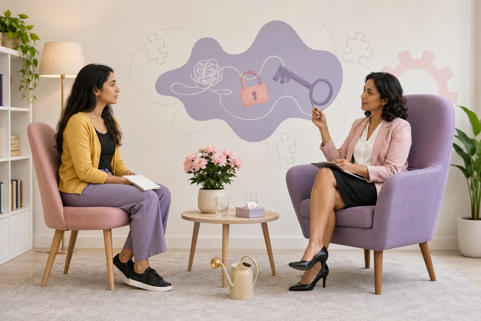 A therapist helping a client unlock their potential, symbolised by a key and lock